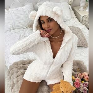 Cozy White Teddy Bear Hooded Romper